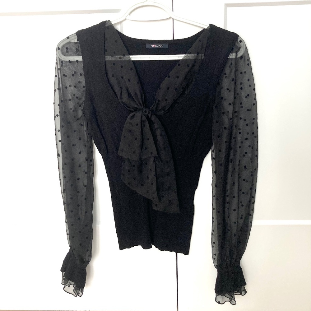Morgan Transparent Sleeve Bow Collar Blouse/Sweater - Black - Size XS